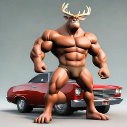 An extremely muscular rendition of Rudolph the Red-Nosed Reindeer, with a detailed muscle car replacing his torso, standing in a dynamic pose