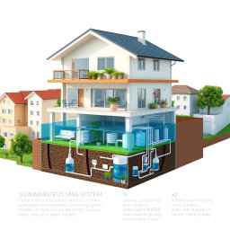 A sustainable multi-story house with an advanced wastewater management system prominently displayed in the basement, showcasing the collection and storage of graywater and rainwater