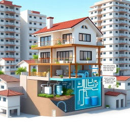 A sustainable multi-story house with an advanced wastewater management system prominently displayed in the basement, showcasing the collection and storage of graywater and rainwater