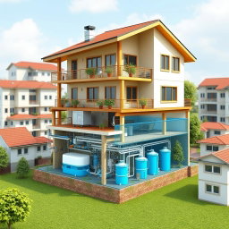 A sustainable multi-story house with an advanced wastewater management system prominently displayed in the basement, showcasing the collection and storage of graywater and rainwater