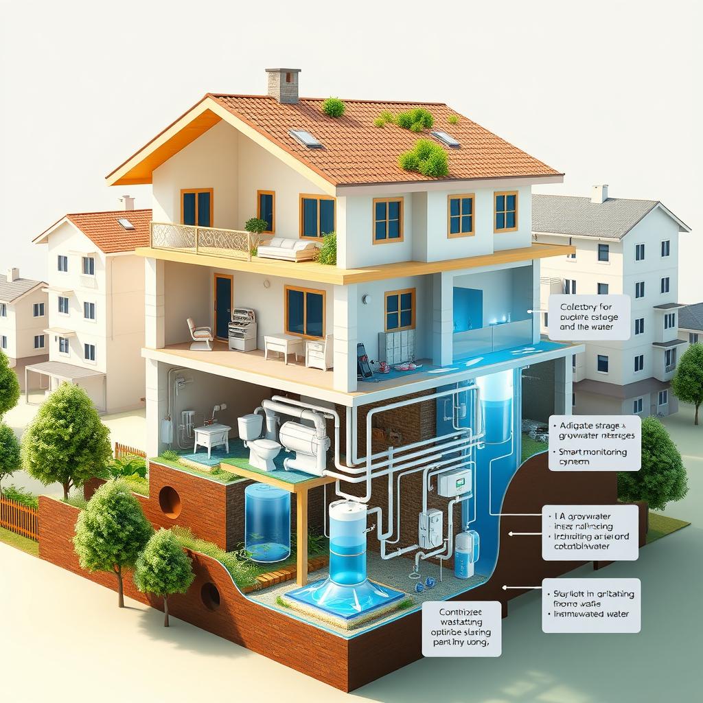 A sustainable multi-story house with an advanced wastewater management system prominently displayed in the basement, showcasing the collection and storage of graywater and rainwater