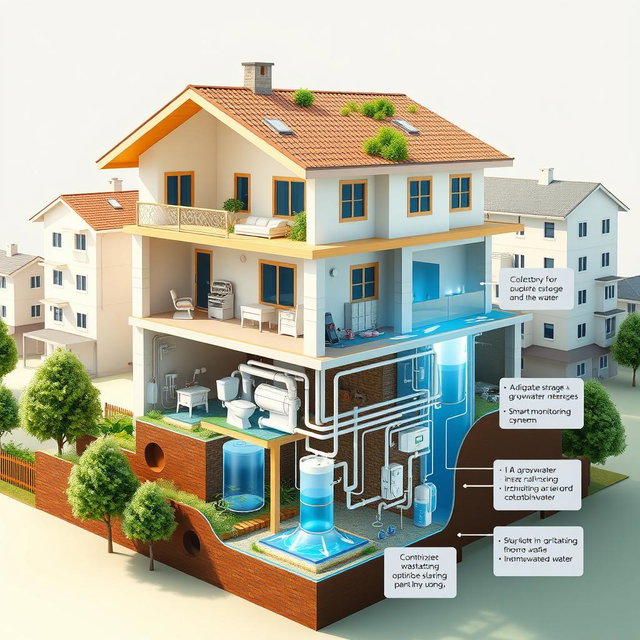 A sustainable multi-story house with an advanced wastewater management system prominently displayed in the basement, showcasing the collection and storage of graywater and rainwater