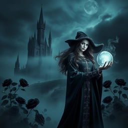 A mystical castle shrouded in haunting mist, under a dark night sky filled with swirling clouds