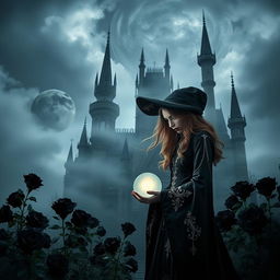 A mystical castle shrouded in haunting mist, under a dark night sky filled with swirling clouds