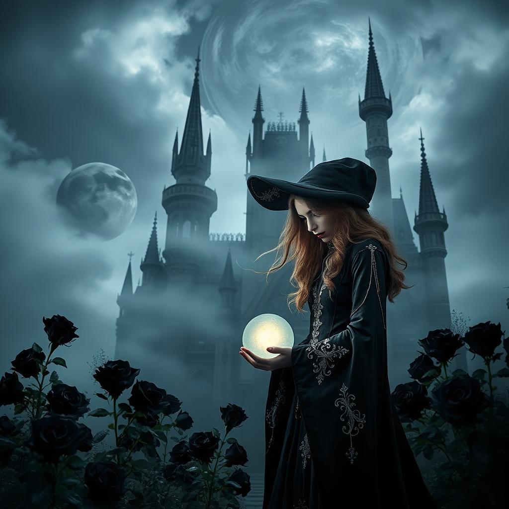 A mystical castle shrouded in haunting mist, under a dark night sky filled with swirling clouds