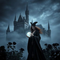 A mystical castle shrouded in haunting mist, under a dark night sky filled with swirling clouds