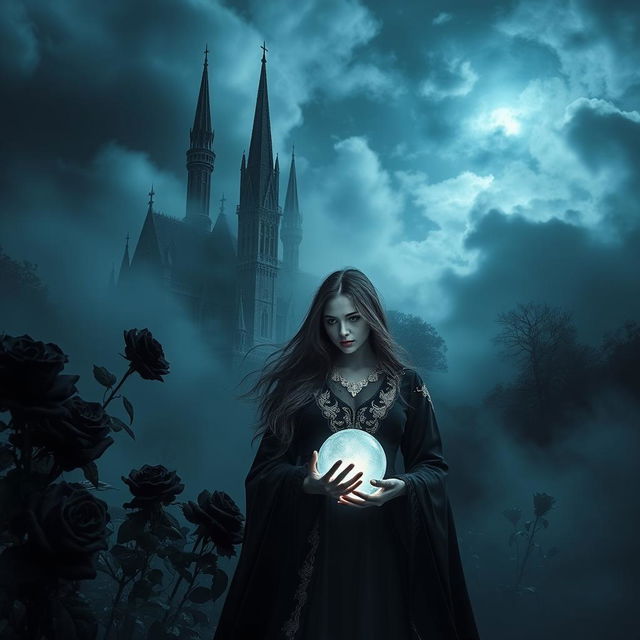 A mystical castle shrouded in haunting mist, under a dark night sky filled with swirling clouds