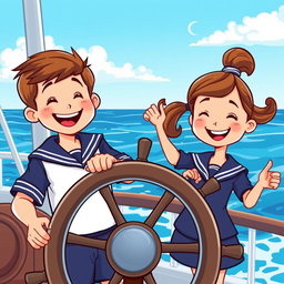 A cartoon illustration of a young boy and a young girl joyfully standing behind a ship's steering wheel, both wearing sailor uniforms