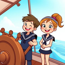 A cartoon illustration of a young boy and a young girl joyfully standing behind a ship's steering wheel, both wearing sailor uniforms
