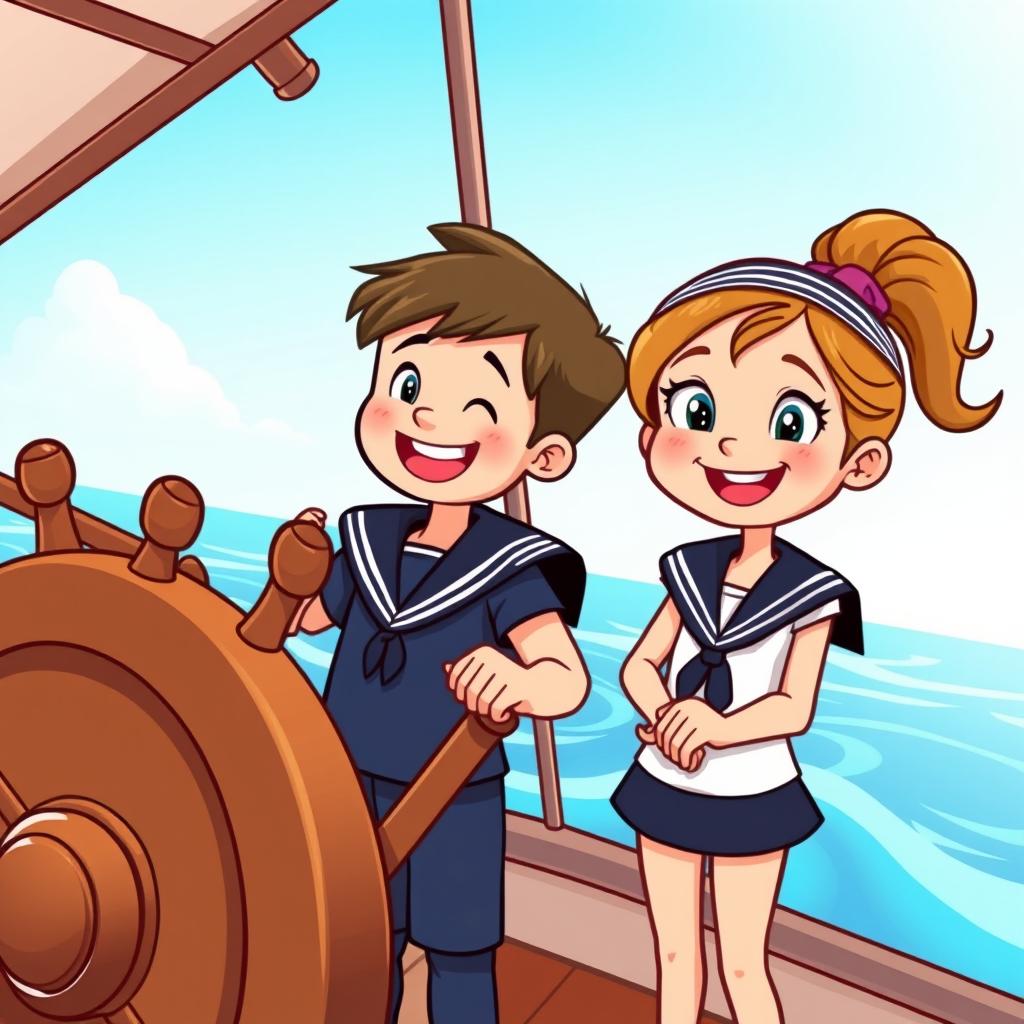 A cartoon illustration of a young boy and a young girl joyfully standing behind a ship's steering wheel, both wearing sailor uniforms