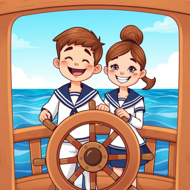 A cartoon illustration of a young boy and a young girl joyfully standing behind a ship's steering wheel, both wearing sailor uniforms