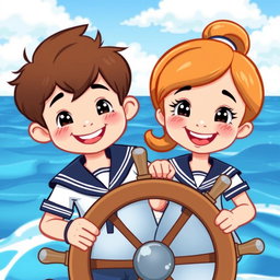 A cartoon illustration of a young boy and a young girl joyfully standing behind a ship's steering wheel, both wearing sailor uniforms