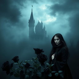 A mystical castle shrouded in haunting mist, set against a dark night sky
