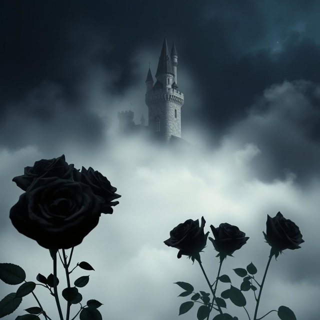 A mystical castle shrouded in haunting mist, set against a dark night sky