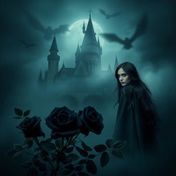 A mystical castle shrouded in haunting mist, set against a dark night sky