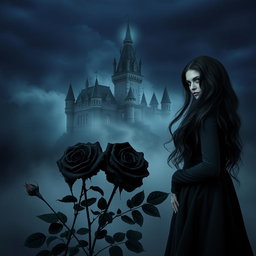 A mystical castle shrouded in haunting mist, set against a dark night sky