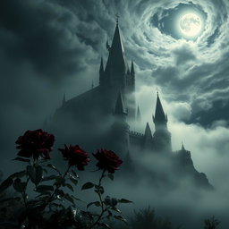 A mystical castle emerges from a haunting mist, surrounded by dark, velvety night