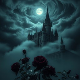 A mystical castle emerges from a haunting mist, surrounded by dark, velvety night