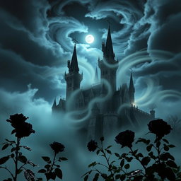 A mystical castle emerges from a haunting mist, surrounded by dark, velvety night