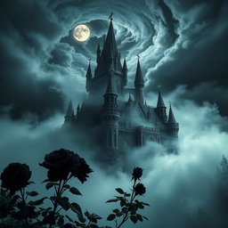 A mystical castle emerges from a haunting mist, surrounded by dark, velvety night