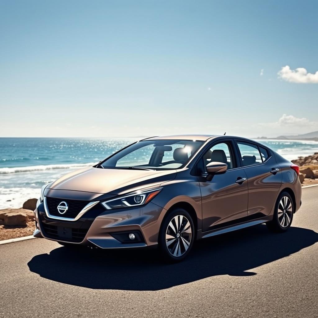 A stunning 2019 Nissan Almera parked elegantly on a coastal road, the sunlight reflecting off its sleek, aerodynamic body