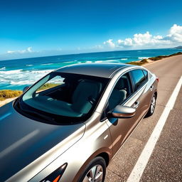 A stunning 2019 Nissan Almera parked elegantly on a coastal road, the sunlight reflecting off its sleek, aerodynamic body