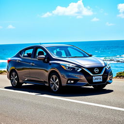 A stunning 2019 Nissan Almera parked elegantly on a coastal road, the sunlight reflecting off its sleek, aerodynamic body