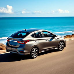 A stunning 2019 Nissan Almera parked elegantly on a coastal road, the sunlight reflecting off its sleek, aerodynamic body