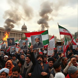 A powerful scene depicting the Islamic Revolution in Iran, capturing the energy of the protests in the late 1970s