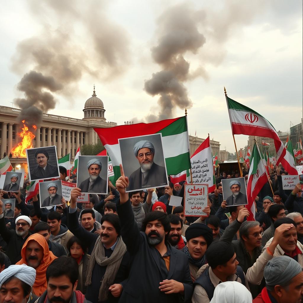 A powerful scene depicting the Islamic Revolution in Iran, capturing the energy of the protests in the late 1970s