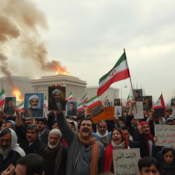 A powerful scene depicting the Islamic Revolution in Iran, capturing the energy of the protests in the late 1970s