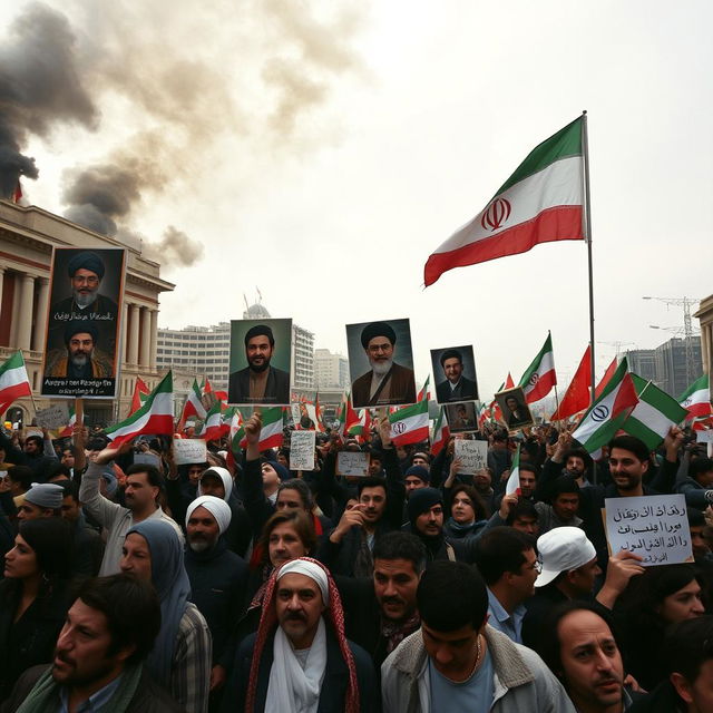 A powerful scene depicting the Islamic Revolution in Iran, capturing the energy of the protests in the late 1970s
