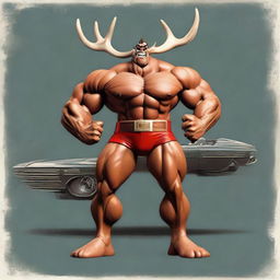 An extremely muscular rendition of Rudolph the Red-Nosed Reindeer, with a detailed muscle car replacing his torso, standing in a dynamic pose