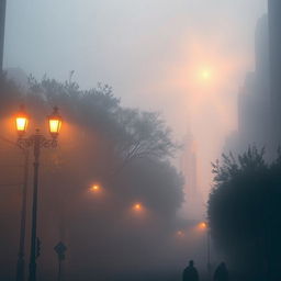 A surreal scene depicting New York City enveloped in a mystical mist, with iconic skyscrapers barely visible through the fog