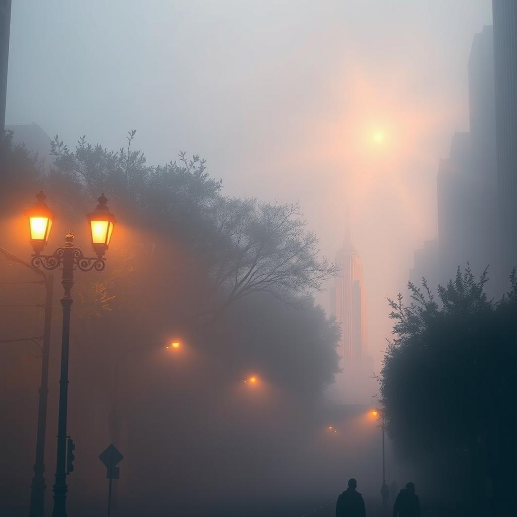 A surreal scene depicting New York City enveloped in a mystical mist, with iconic skyscrapers barely visible through the fog