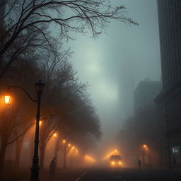 A surreal scene depicting New York City enveloped in a mystical mist, with iconic skyscrapers barely visible through the fog