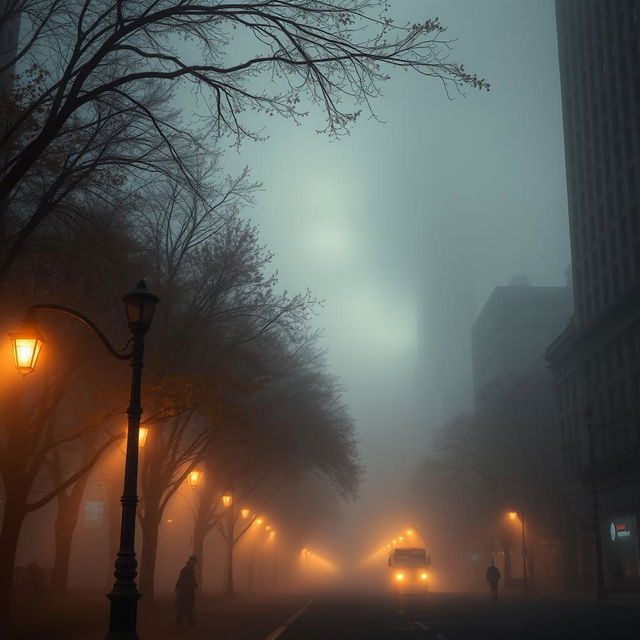A surreal scene depicting New York City enveloped in a mystical mist, with iconic skyscrapers barely visible through the fog
