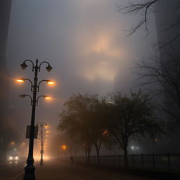 A surreal scene depicting New York City enveloped in a mystical mist, with iconic skyscrapers barely visible through the fog
