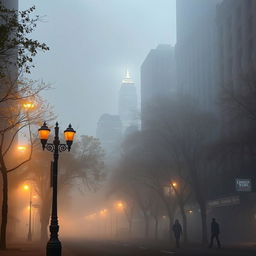 A surreal scene depicting New York City enveloped in a mystical mist, with iconic skyscrapers barely visible through the fog