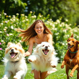 A beautiful young woman joyfully playing with two dogs, one of which is fluffy and white