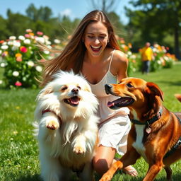 A beautiful young woman joyfully playing with two dogs, one of which is fluffy and white