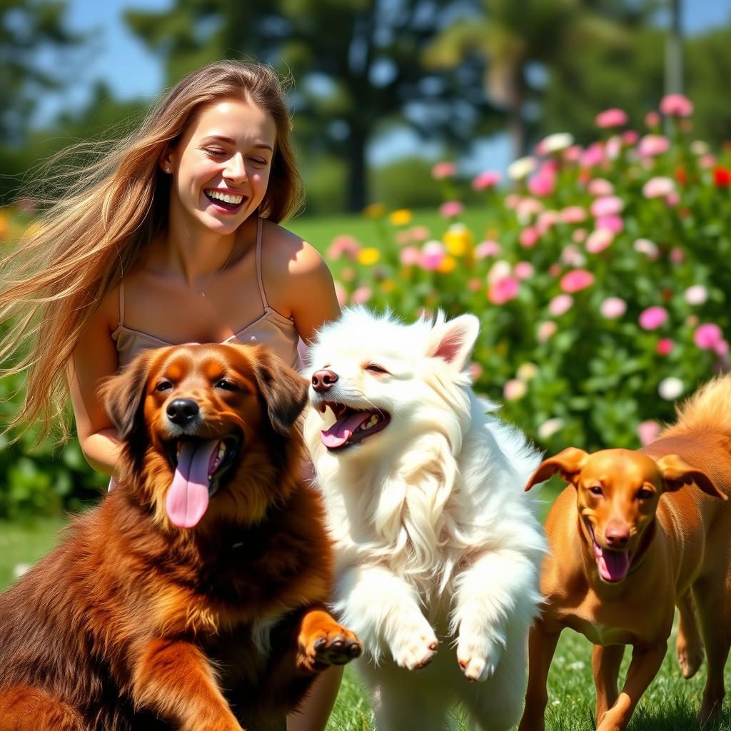 A beautiful young woman joyfully playing with two dogs, one of which is fluffy and white