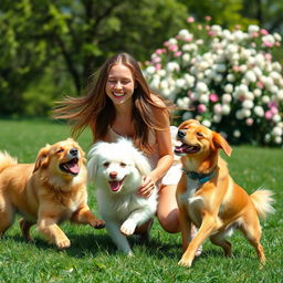 A beautiful young woman joyfully playing with two dogs, one of which is fluffy and white