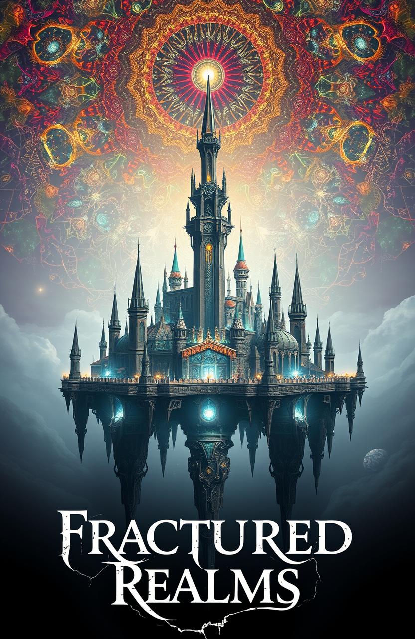 A vast, mystical floating city set in a lightless void, with a beautifully intricate architectural design featuring numerous spires and structures, all suspended in mid-air