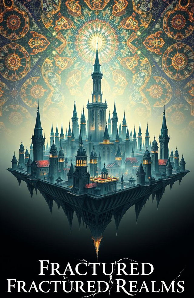A vast, mystical floating city set in a lightless void, with a beautifully intricate architectural design featuring numerous spires and structures, all suspended in mid-air