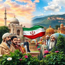 A collage celebrating the cultural heritage of Iran, featuring majestic Persian architecture, traditional Persian carpets, and beautiful landscapes