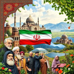 A collage celebrating the cultural heritage of Iran, featuring majestic Persian architecture, traditional Persian carpets, and beautiful landscapes