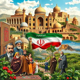 A collage celebrating the cultural heritage of Iran, featuring majestic Persian architecture, traditional Persian carpets, and beautiful landscapes