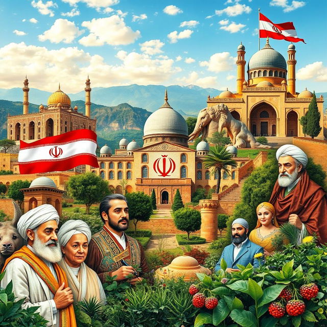 A collage celebrating the cultural heritage of Iran, featuring majestic Persian architecture, traditional Persian carpets, and beautiful landscapes