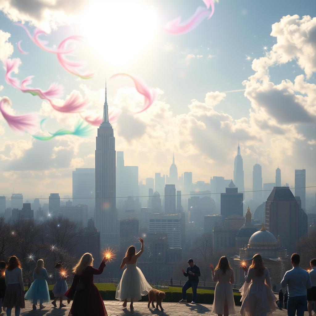 A mystical scene in New York City during the day, featuring a vibrant skyline with iconic landmarks like the Empire State Building and Central Park